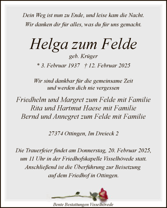Traueranzeige von Helga zum Felde von SYK