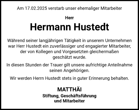 Traueranzeige von Hermann Hustedt von SYK