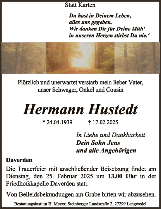 Traueranzeige von Hermann Hustedt von SYK