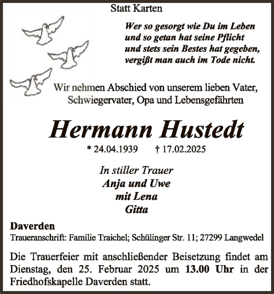 Traueranzeige von Hermann Hustedt von SYK