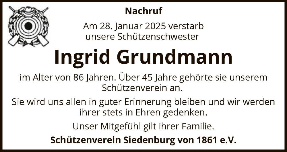  Traueranzeige für Ingrid Grundmann vom 11.02.2025 aus SYK