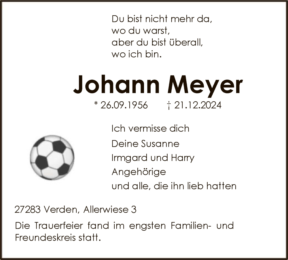  Traueranzeige für Johann Meyer vom 08.02.2025 aus SYK