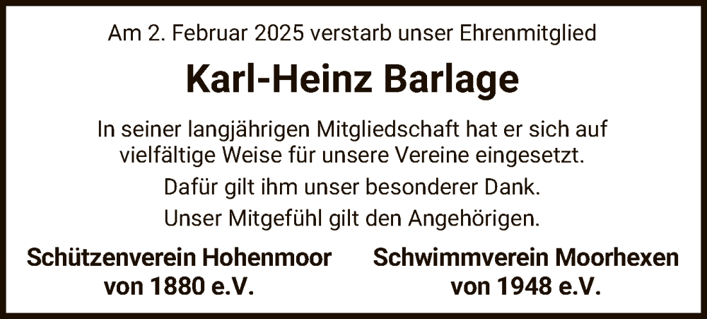  Traueranzeige für Karl-Heinz Barlage vom 08.02.2025 aus SYK