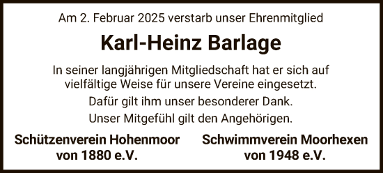 Traueranzeige von Karl-Heinz Barlage von SYK