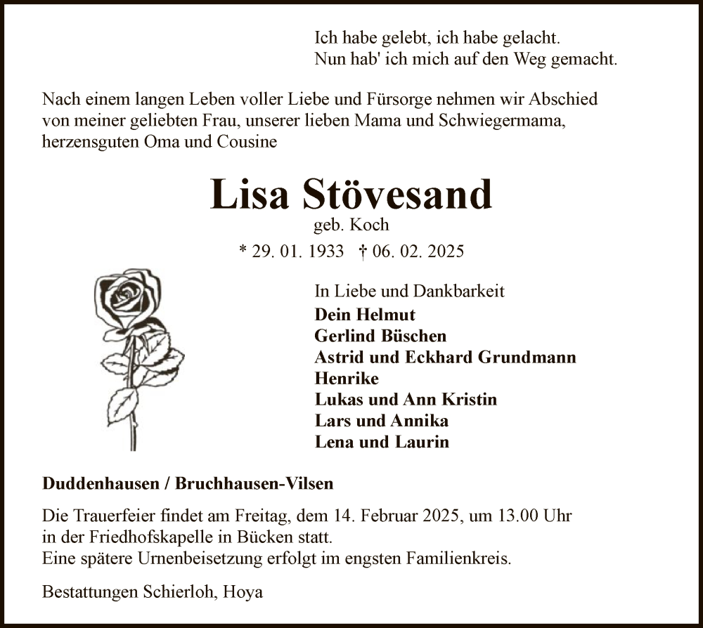  Traueranzeige für Lisa Stövesand vom 08.02.2025 aus SYK