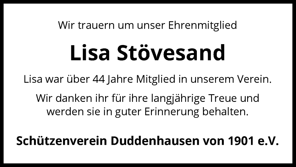  Traueranzeige für Lisa Stövesand vom 13.02.2025 aus SYK
