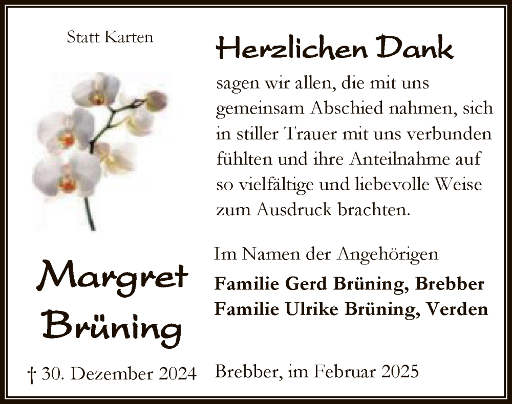  Traueranzeige für Margret Brüning vom 08.02.2025 aus SYK