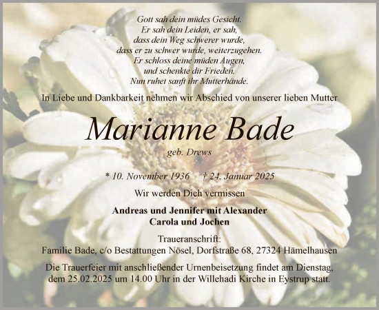 Traueranzeige von Marianne Bade von SYK