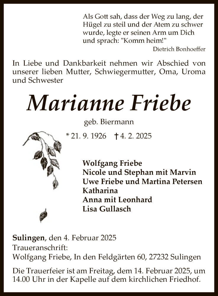  Traueranzeige für Marianne Friebe vom 08.02.2025 aus SYK