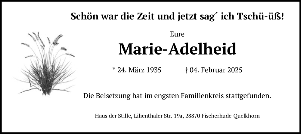  Traueranzeige für Marie-Adelheid  vom 15.02.2025 aus SYK