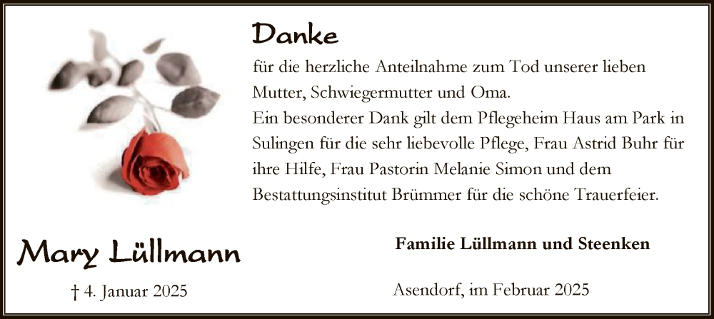 Traueranzeige für Mary Lüllmann vom 01.02.2025 aus SYKSYK