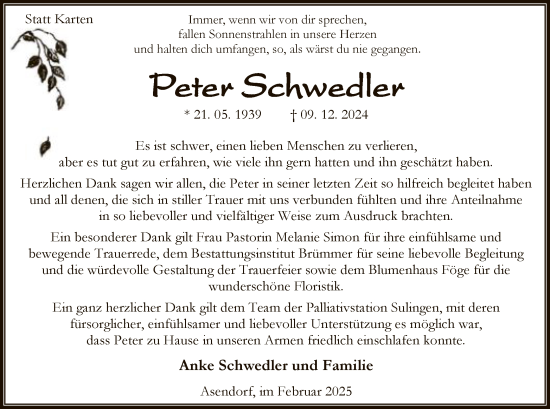 Traueranzeige von Peter Schwedler von SYK