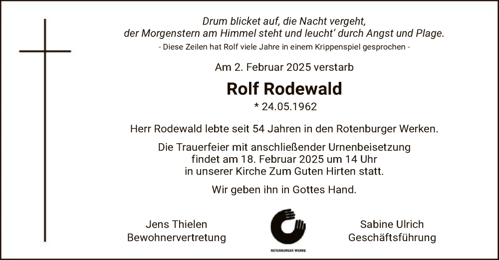  Traueranzeige für Rolf Rodewald vom 08.02.2025 aus SYK