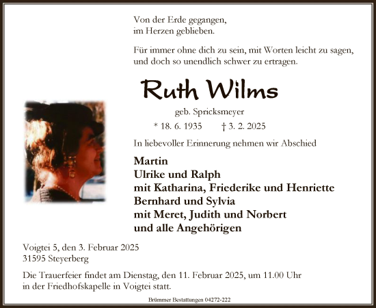 Traueranzeige von Ruth Wilms von SYK