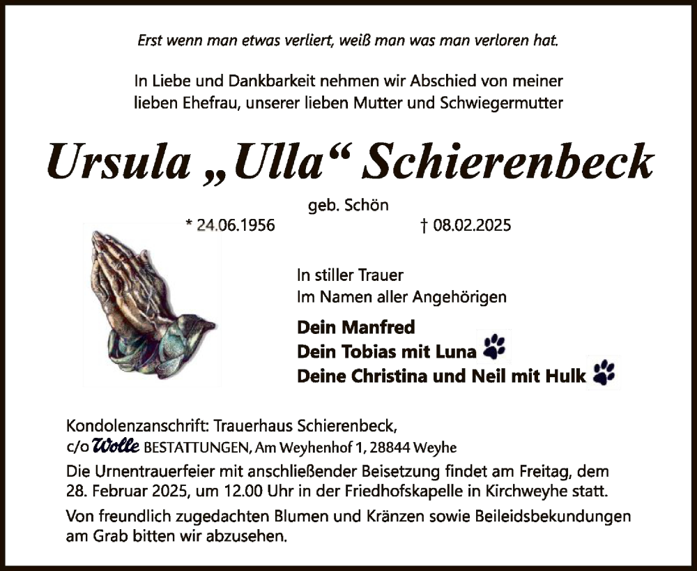  Traueranzeige für Ursula Schierenbeck vom 22.02.2025 aus SYK