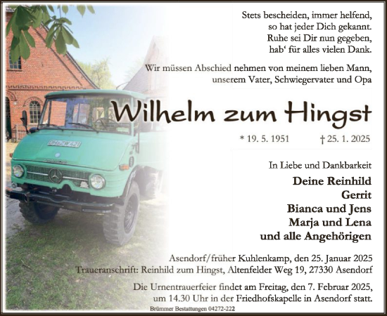 Traueranzeige von Wilhelm zum Hingst von SYK