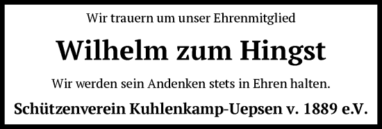 Traueranzeige von Wilhelm zum Hingst von SYK