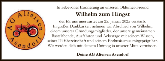 Traueranzeige von Wilhelm zum Hingst von SYK