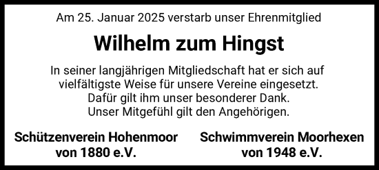 Traueranzeige von Wilhelm zum Hingst von SYK