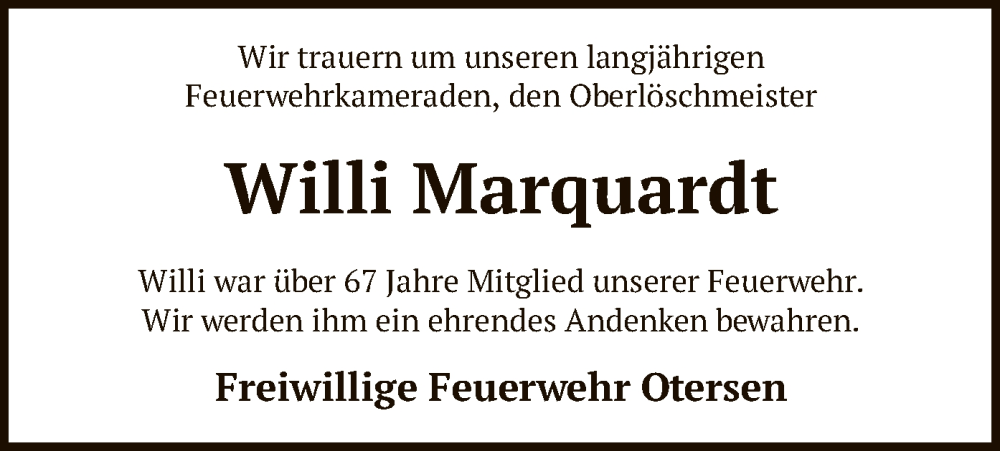  Traueranzeige für Willi Marquardt vom 11.02.2025 aus SYK