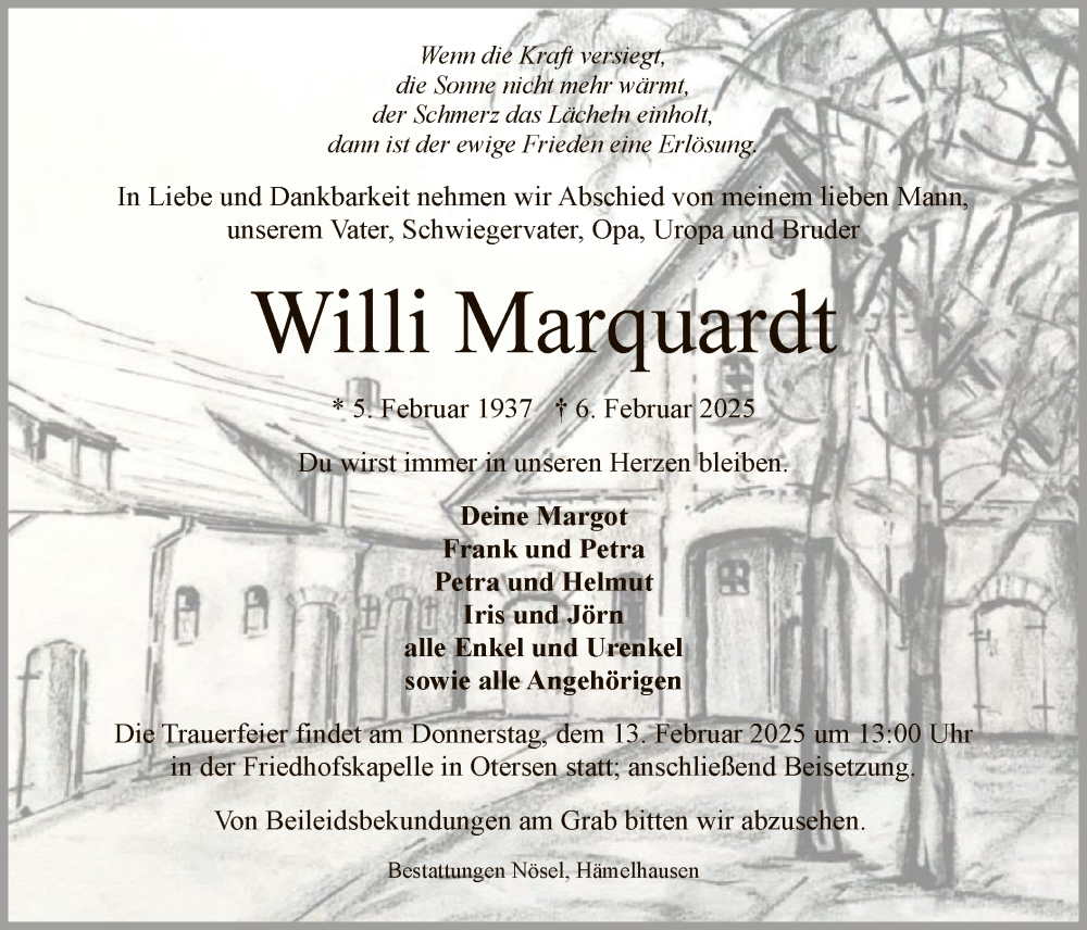  Traueranzeige für Willi Marquardt vom 08.02.2025 aus SYK