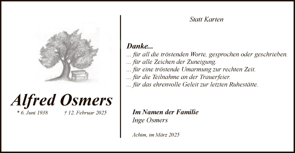 Traueranzeige für Alfred Osmers vom 22.03.2025 aus SYK