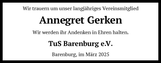 Traueranzeige von Annegret Gerken von SYK