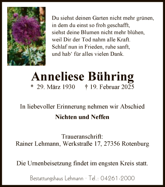Traueranzeige von Anneliese Bühring von SYK