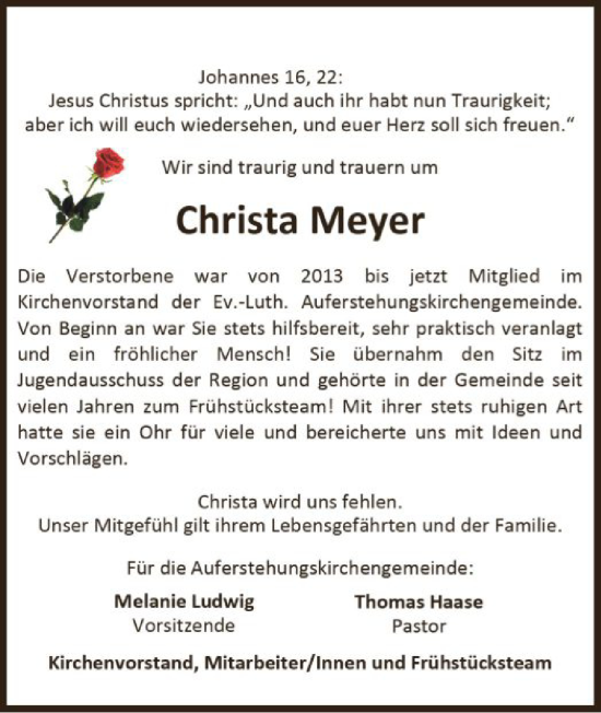 Traueranzeige von Christa Meyer von SYK