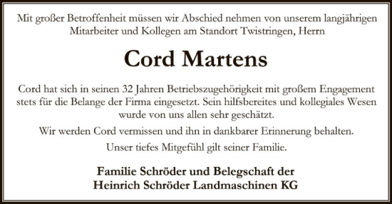 Traueranzeige von Cord Martens von SYK
