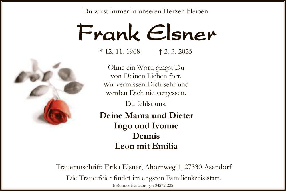  Traueranzeige für Frank Elsner vom 08.03.2025 aus SYK