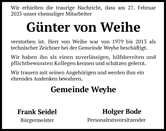 Traueranzeige von Günter von Weihe von SYK