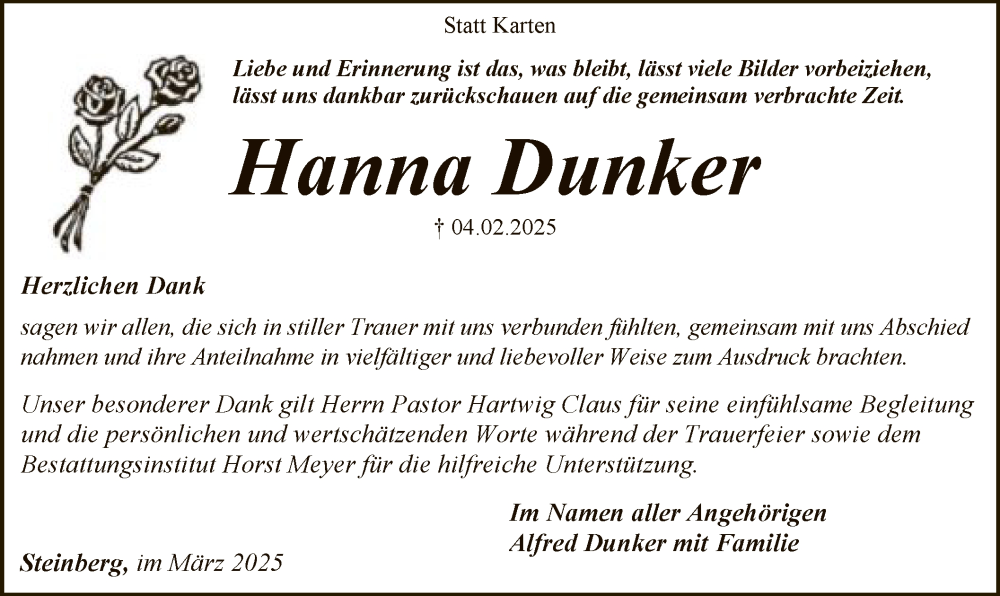 Traueranzeige für Hanna Dunker vom 29.03.2025 aus SYK