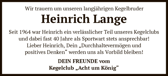 Traueranzeige von Heinrich Lange von SYK