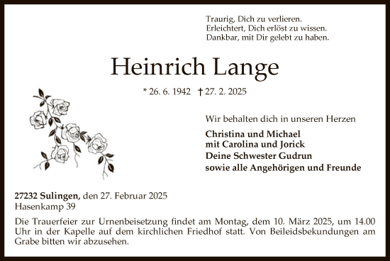 Traueranzeige von Heinrich Lange von SYK