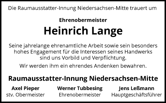 Traueranzeige von Heinrich Lange von SYK