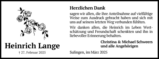 Traueranzeige von Heinrich Lange von SYK
