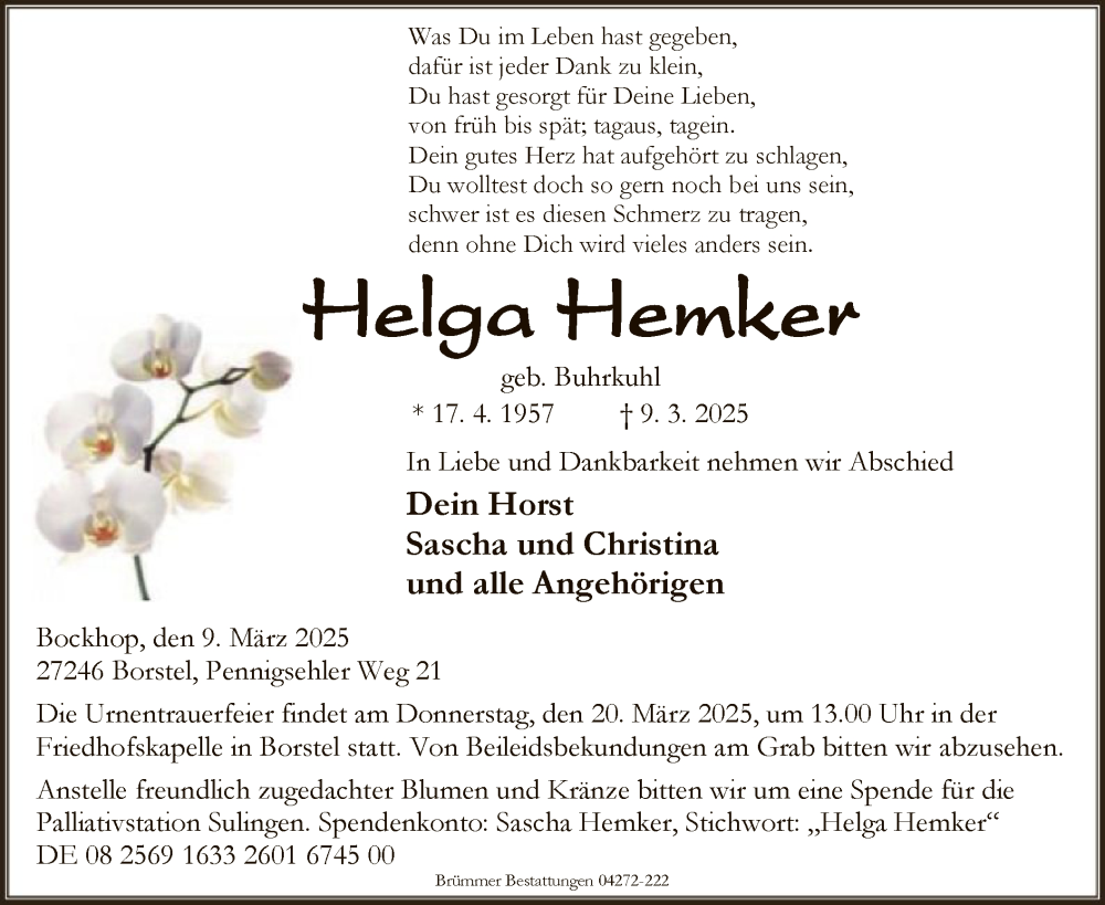  Traueranzeige für Helga Hemker vom 14.03.2025 aus SYK