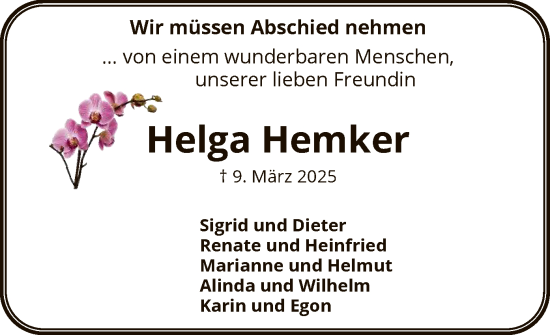 Traueranzeige von Helga Hemker von SYK
