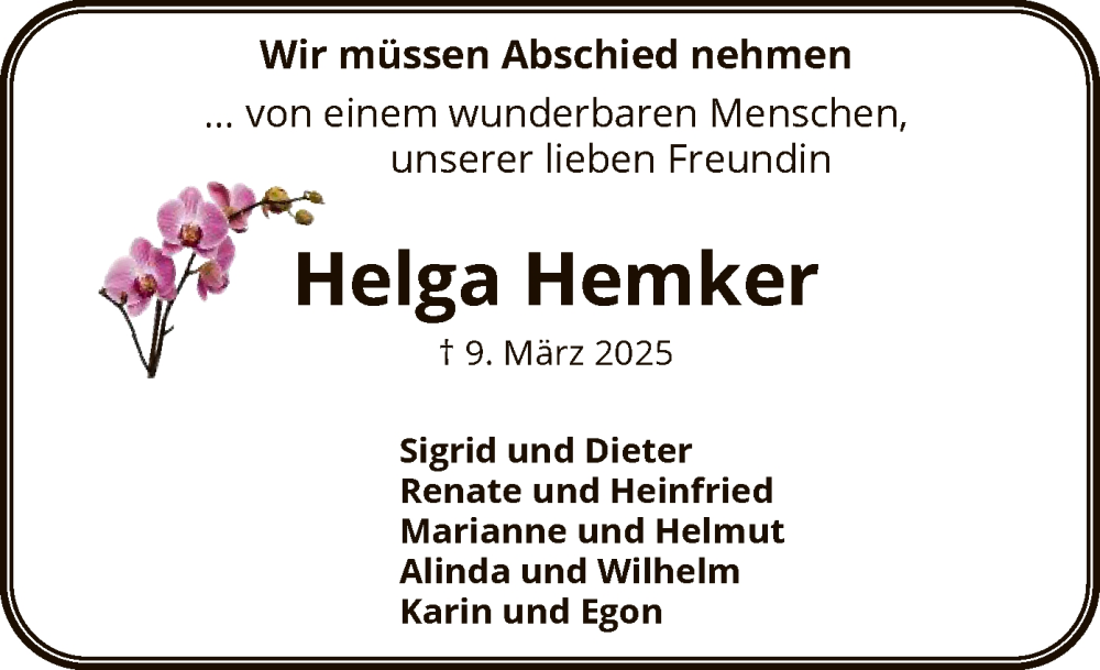  Traueranzeige für Helga Hemker vom 15.03.2025 aus SYK