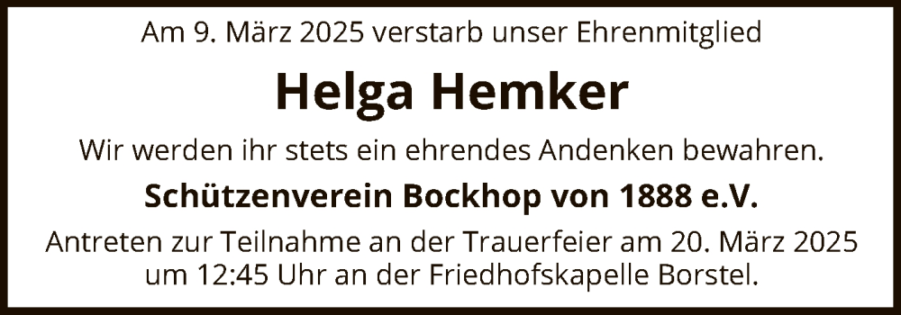  Traueranzeige für Helga Hemker vom 14.03.2025 aus SYK