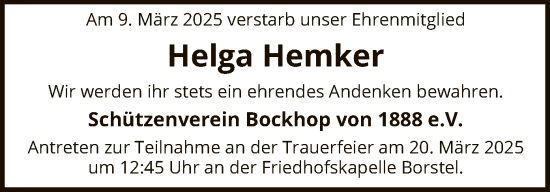 Traueranzeige von Helga Hemker von SYK