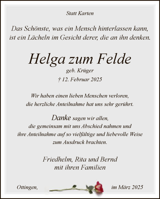 Traueranzeige von Helga zum Felde von SYK