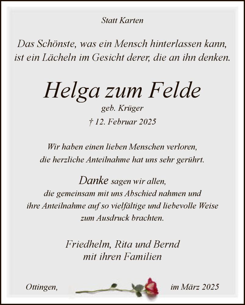  Traueranzeige für Helga zum Felde vom 29.03.2025 aus SYK