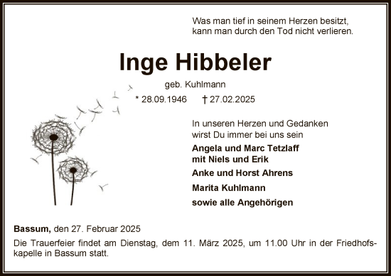Traueranzeige von Inge Hibbeler von SYKSYK