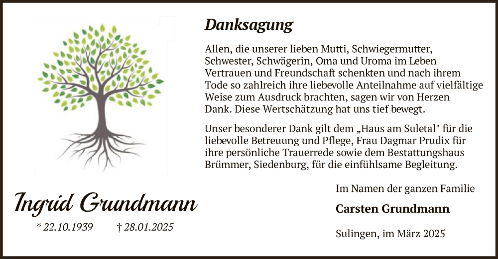  Traueranzeige für Ingrid Grundmann vom 15.03.2025 aus SYK