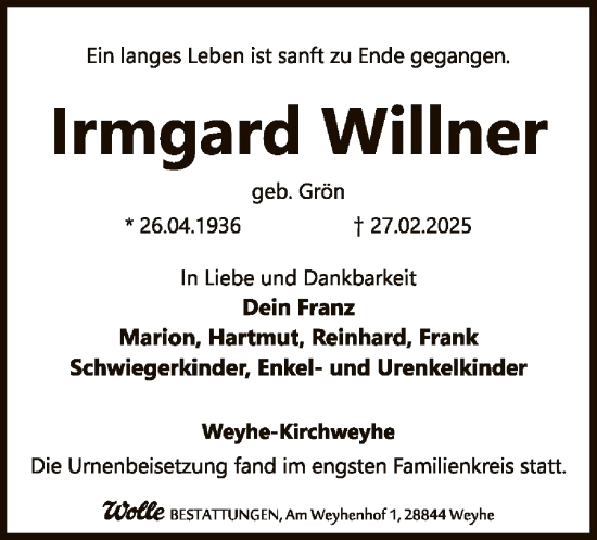 Traueranzeige von Irmgard Willner von SYK