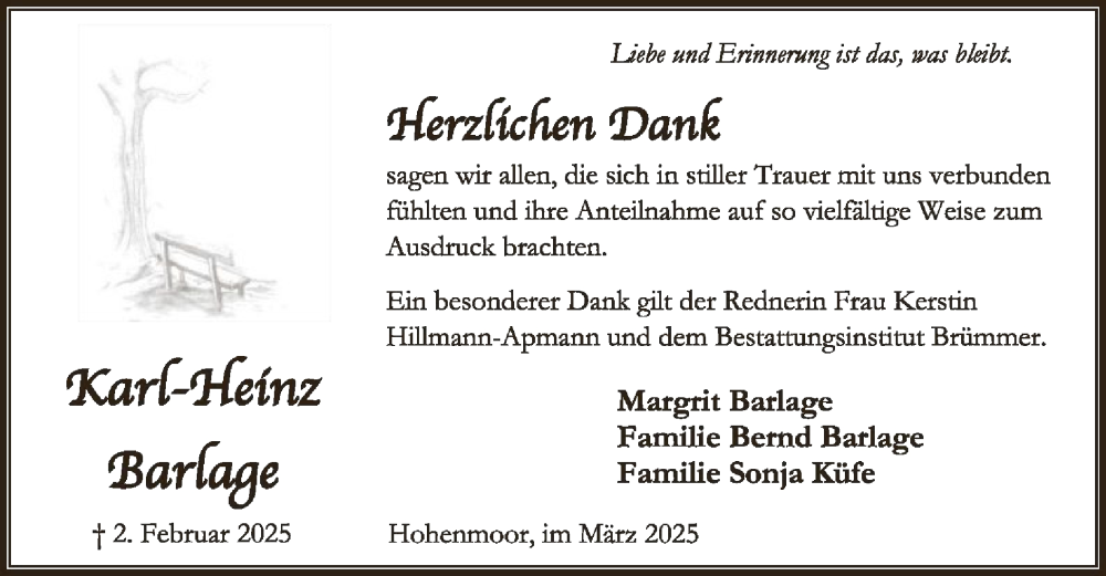  Traueranzeige für Karl-Heinz Barlage vom 22.03.2025 aus SYKSYK