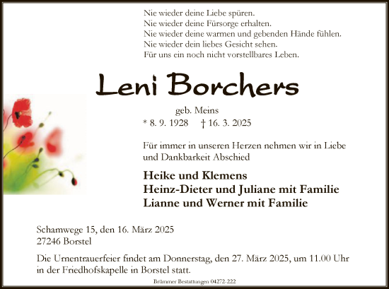 Traueranzeige von Leni Borchers von SYK