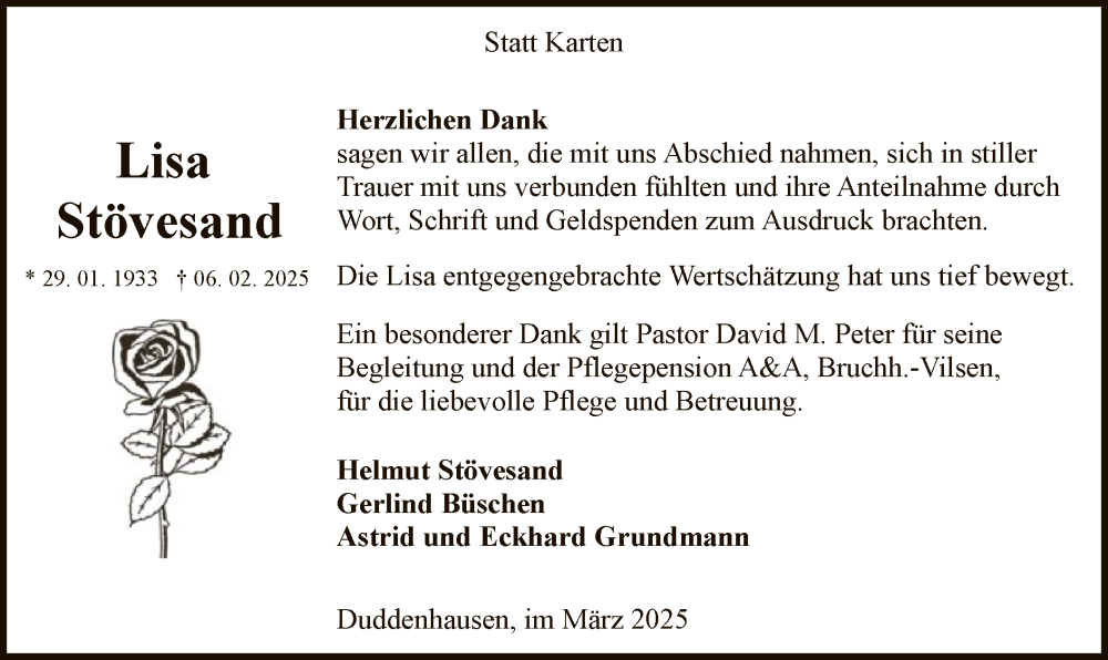  Traueranzeige für Lisa Stövesand vom 28.03.2025 aus SYK